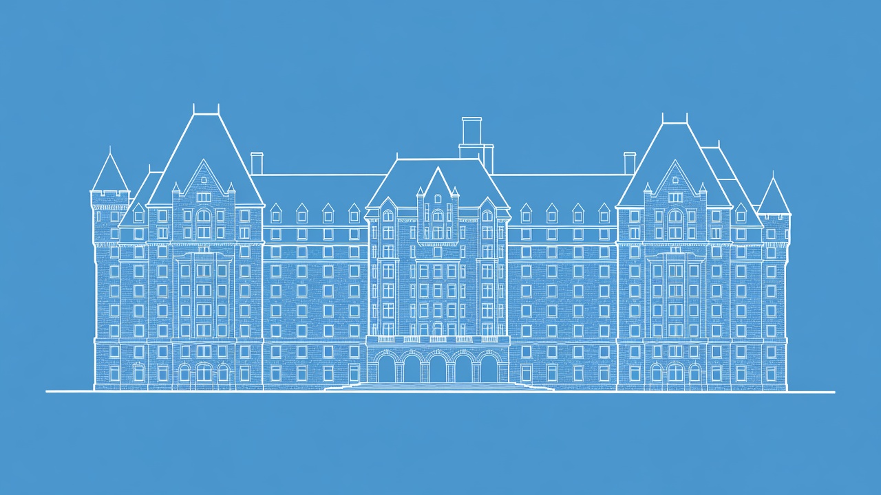 Blueprint style rendering of Fairmont Banff Springs exterior elevation